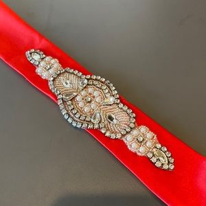 Red bridal belt thick red ribbon wedding bridal Indian silver rhinestone.